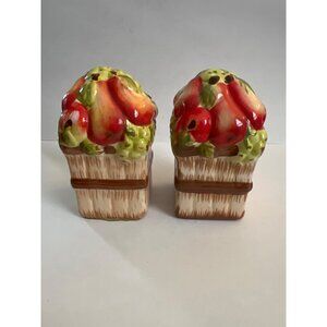Vintage Fruit Basket Ceramic Salt & Pepper Shakers Hand-Painted Decorative Kitch